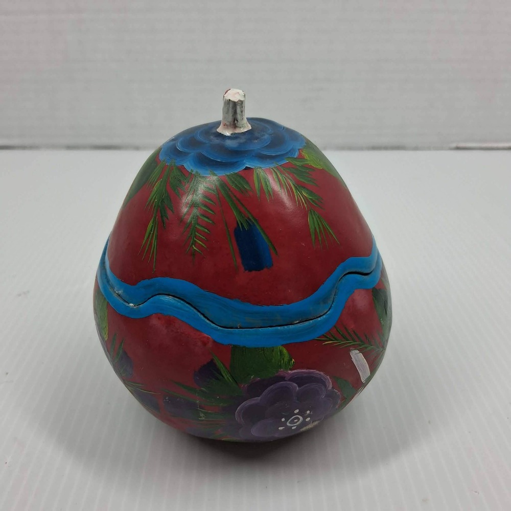 Hand Painted Floral Gourd Trinket Box Red Folk Art Decorative Lidded Container